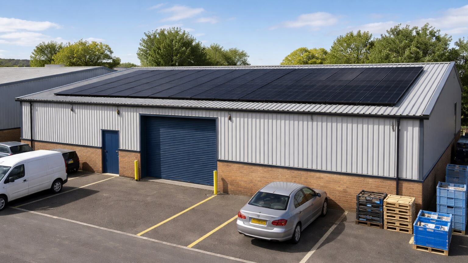 A commercial solar panel installation on the roof of a business premises in Thatcham, Berkshire