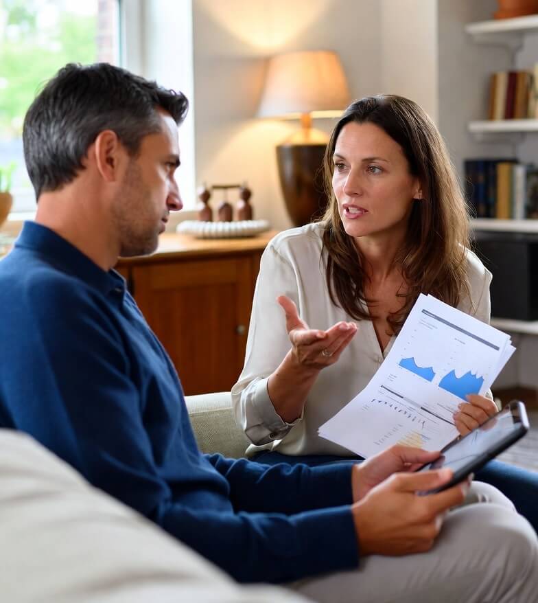 A homeowner reviewing a Tesla Powerwall installation proposal and energy performance charts with an energy consultant
