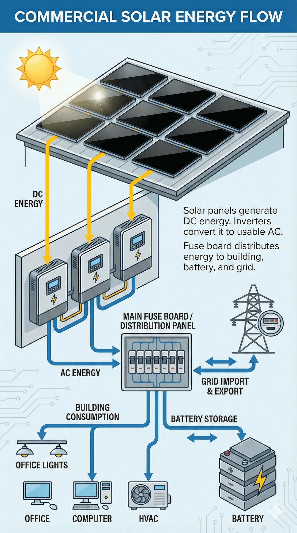 Infographic explaining what happens to excess electricity from commercial solar panels, showing solar generation flowing either into on-site use, battery storage, or export to the national grid. It highlights the Smart Export Guarantee, where businesses are paid for exported electricity at typical rates of 3p to 16.5p per kWh, and contrasts this with higher value from on-site consumption. Additional sections illustrate commercial battery storage benefits, including peak shaving, tariff arbitrage, backup power during outages, and exporting stored energy during higher-value periods.