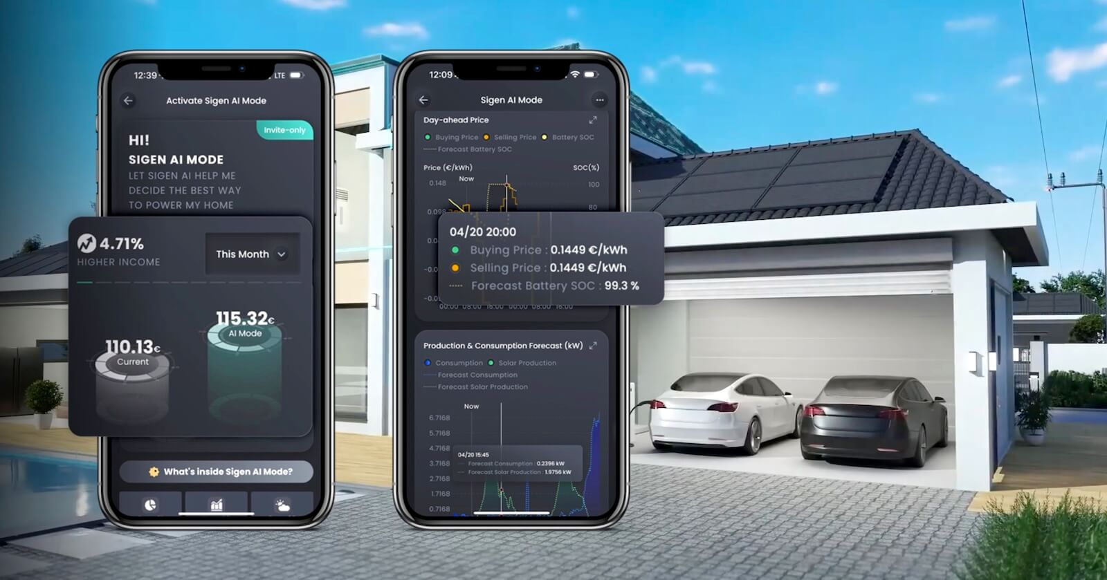 The mySigen App AI Mode interface showing energy flow and tariff optimisation for West Sussex homeowners