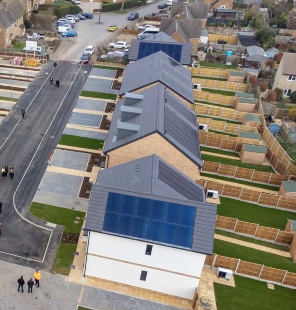 An aerial view of residential properties in Sandhurst, Berkshire, highlighting the town as an excellent location for solar panel installations
