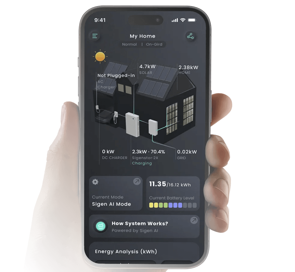 The mySigen App showing real-time energy monitoring for a Sigenergy system in Surrey