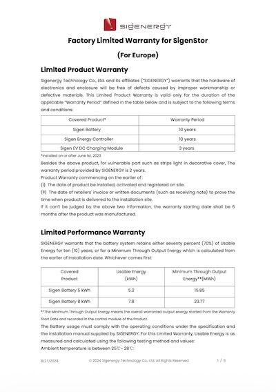 Sigenergy SigenStor battery 10-year warranty document (Surrey)