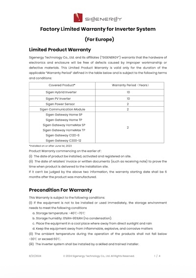 An image of the Sigenergy warranty for the inverter system