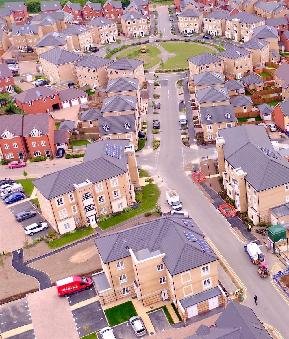 An aerial view of residential properties in Slough, Berkshire, highlighting the town as an excellent location for solar panel installations