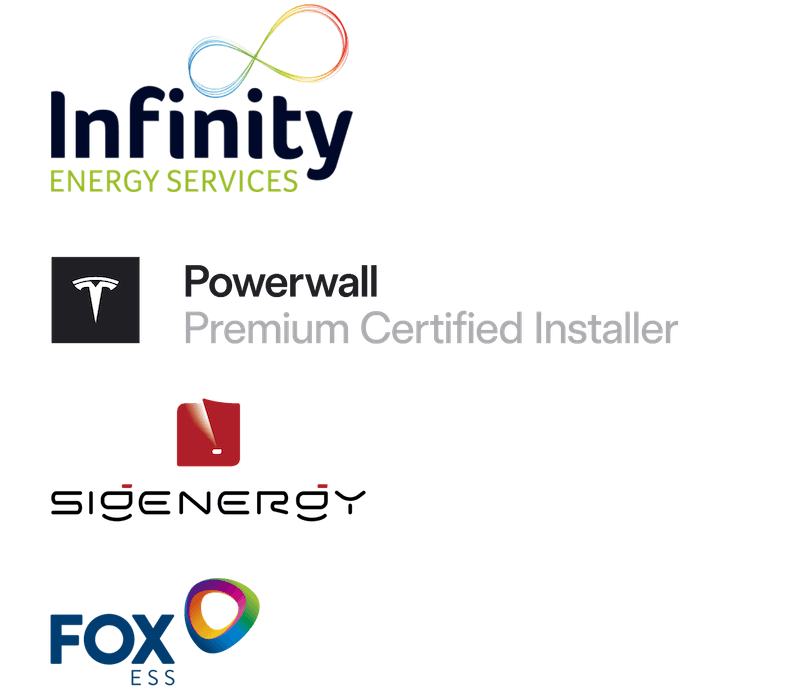Solar battery storage brands installed in Hampshire Tesla Powerwall, Sigenergy SigenStor and Fox ESS solar battery brand logos installed by Infinity Energy Services in Hampshire