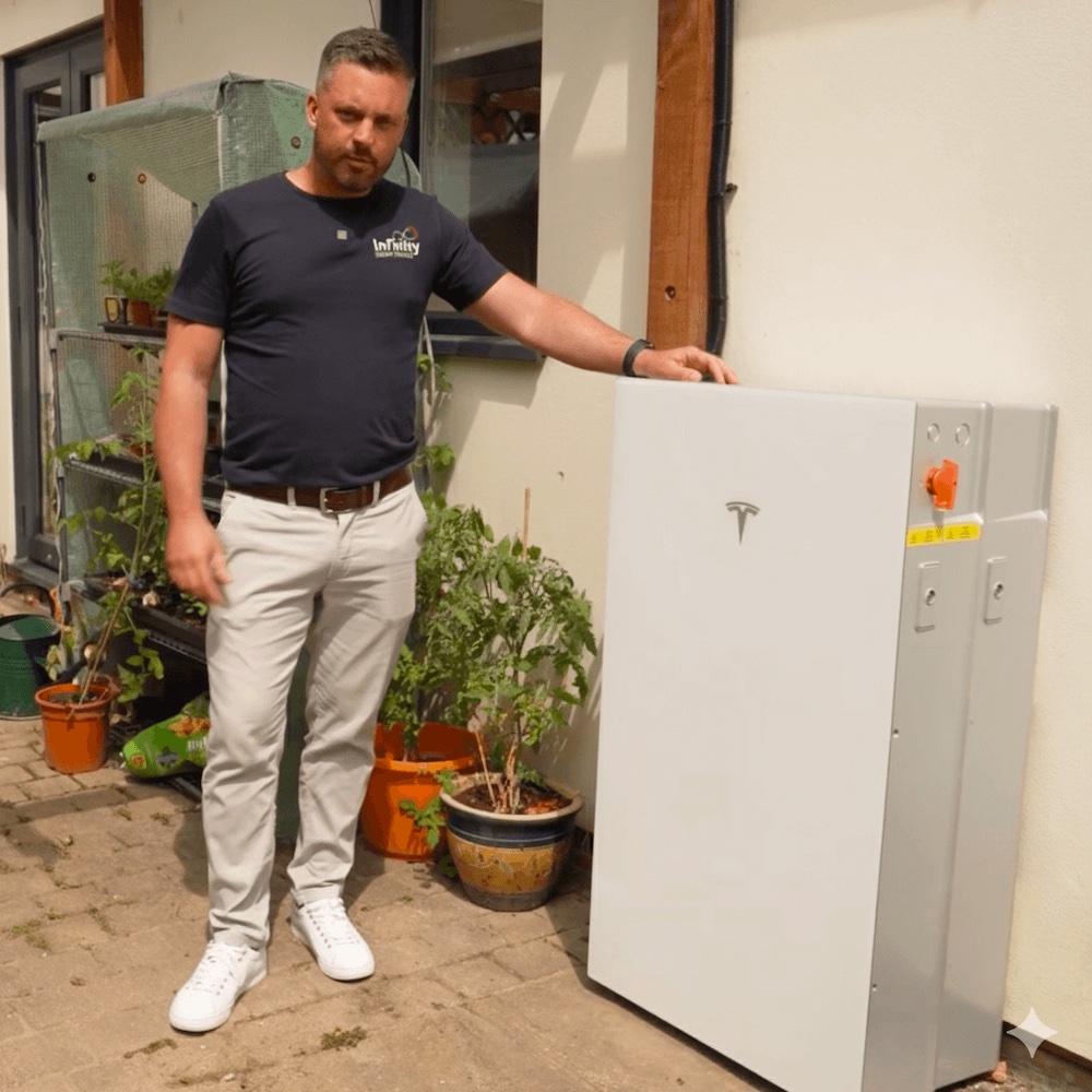 tesla-powerwall-installers-west-sussex An Infinity Energy Services team member standing beside a newly installed Tesla Powerwall 3 battery unit in West Sussex