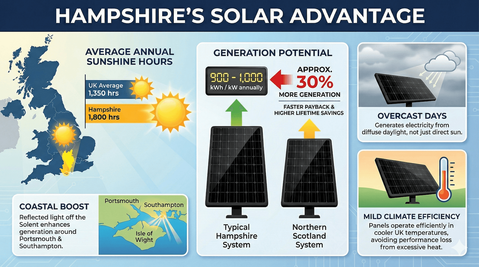 Infographic showing Hampshire highlighted on a UK map with sunshine and solar icons, explaining that the county receives around 1,800 sunshine hours per year compared to the UK average of 1,350. It illustrates higher commercial solar output in Hampshire, typically 900–1,000 kWh per installed kW annually, around 30% more than northern Scotland. Additional notes show coastal reflected light, strong performance in overcast conditions, and improved efficiency in Hampshire’s mild climate.