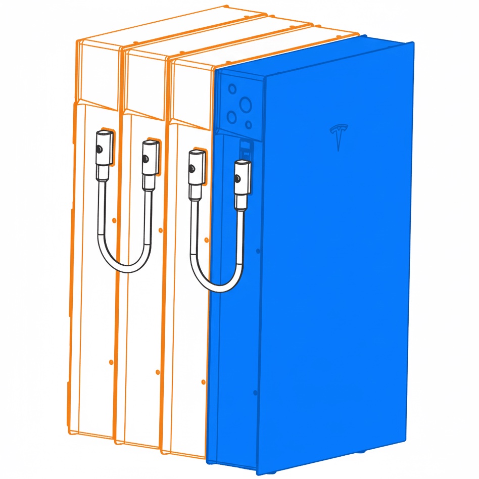 Technical diagram showing a Tesla Powerwall 3 unit in blue with two modular Expansion Packs connected via harness cables